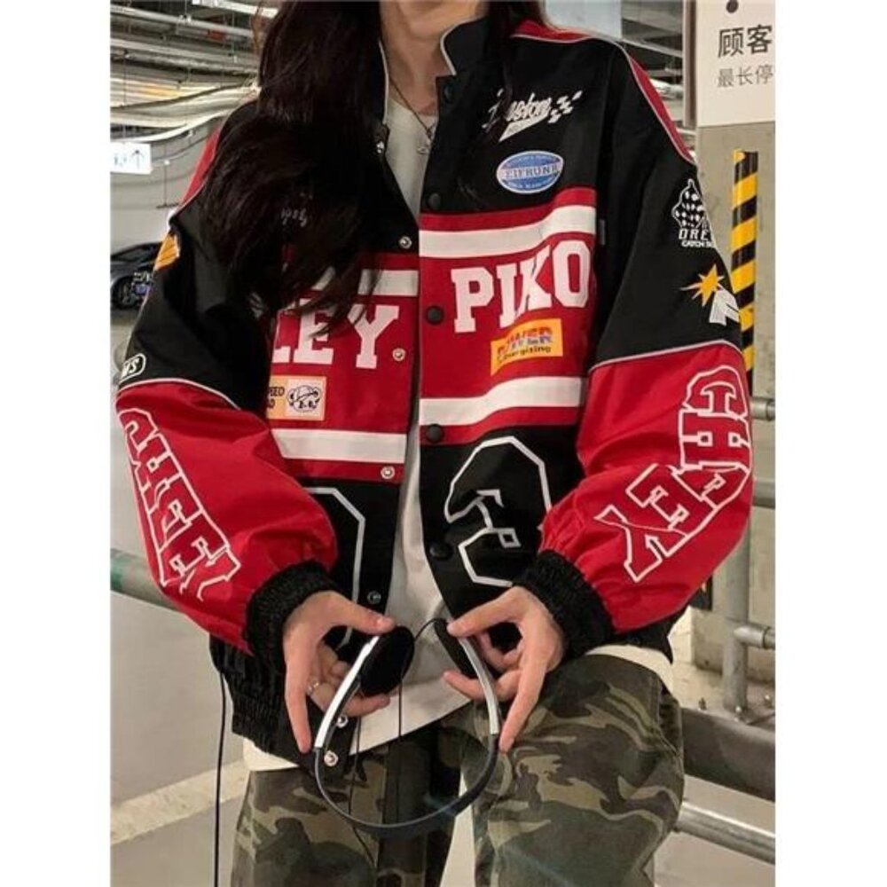 Women's Patchwork Long Sleeve Racing Bomber Letterman Varsity Jacket - Picture 5 of 7